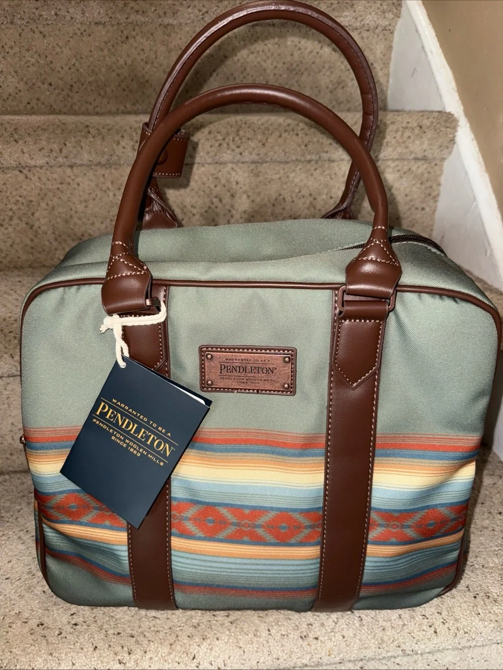 Pendleton Sage Canvas Duffel with Brown Leather Trim and Southwestern Stripes